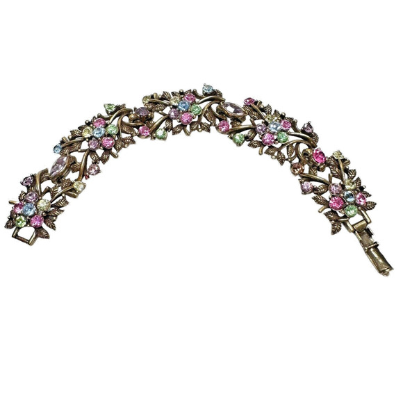 Vintage Set Signed CORO Bracelet 7" & Earrings Antique Gold Tone Rhinestones - Picture 2 of 16